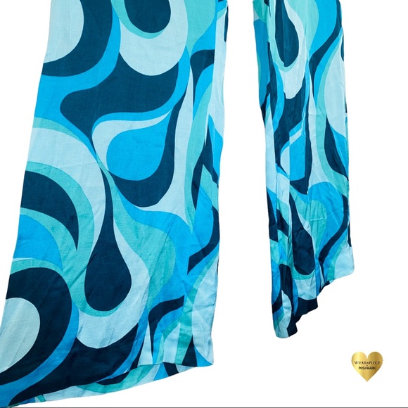 ZARA Silky Bold Blue Groovy Print The Safia Satin Effect Button Zip Flare Pants - Picture 7 of 14